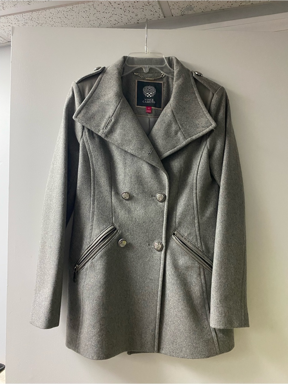 Vince Camuto Light Gray Double-Breasted Wool-Blend Peacoat